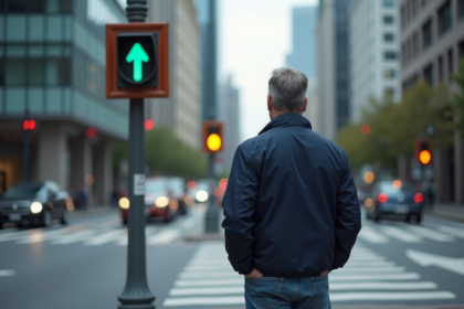 Homme d'âge moyen attendant au feu vert en ville