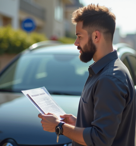 Homme tenant des clés de voiture devant un véhicule stationne
