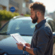 Homme tenant des clés de voiture devant un véhicule stationne