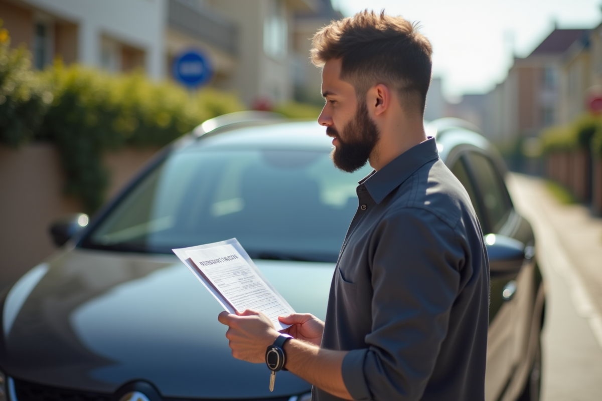 Homme tenant des clés de voiture devant un véhicule stationne