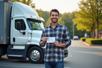 Jeune homme souriant avec permis CDL et camion