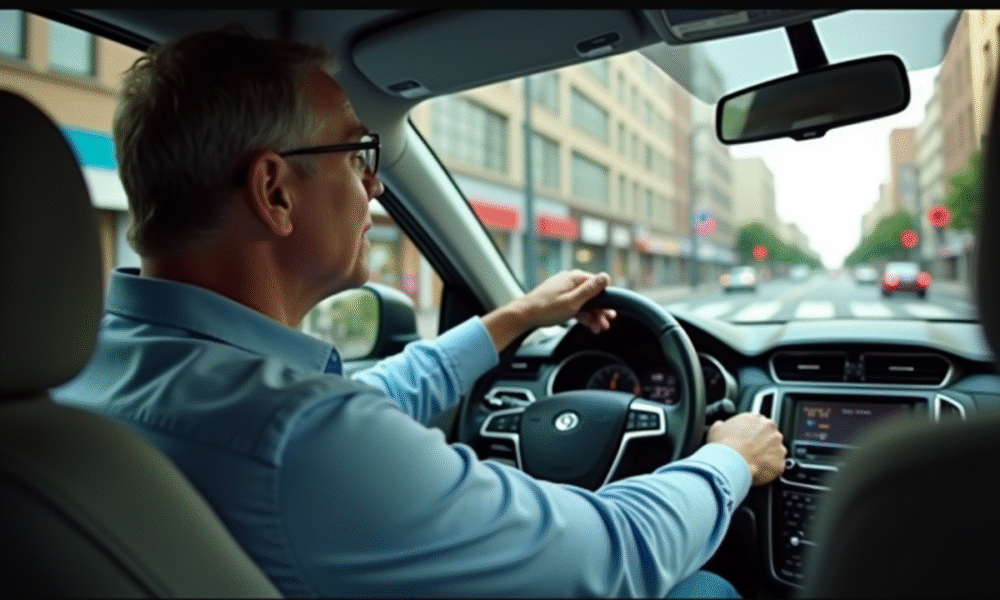 Homme anxieux au volant dans une ville animée