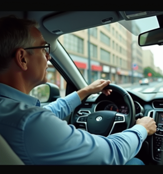 Homme anxieux au volant dans une ville animée