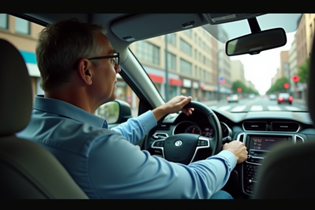 Homme anxieux au volant dans une ville animée