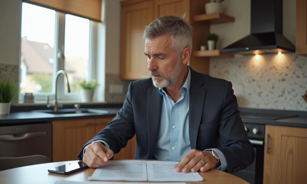 Homme d'âge moyen dans une cuisine moderne examine des documents d'assurance