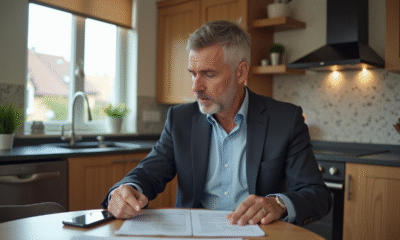 Homme d'âge moyen dans une cuisine moderne examine des documents d'assurance