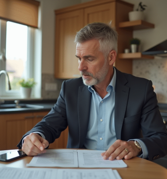 Homme d'âge moyen dans une cuisine moderne examine des documents d'assurance