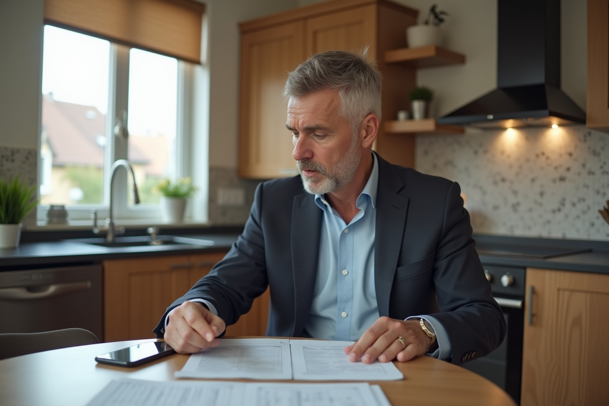 Homme d'âge moyen dans une cuisine moderne examine des documents d'assurance