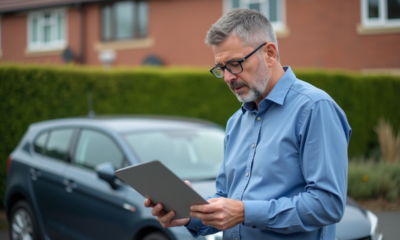 Homme vérifiant un document de voiture devant une hatchback