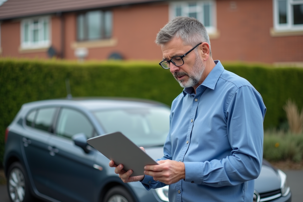 Homme vérifiant un document de voiture devant une hatchback