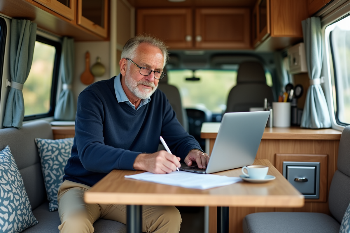 Homme remplissant papiers dans cuisine de van aménagé