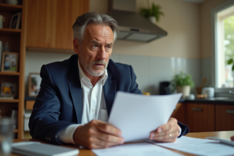 Homme français lit une lettre officielle dans sa cuisine