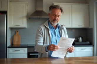 Homme regardant sa carte grise dans la cuisine