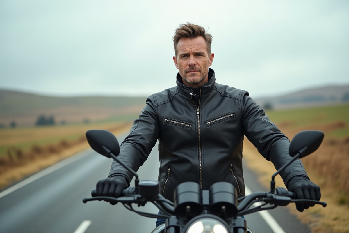 Homme en veste de moto à côté d'une moto moderne sur une route rurale