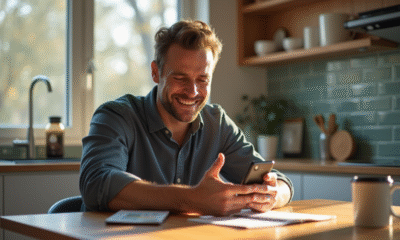 Homme souriant avec licence française et café au matin