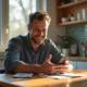 Homme souriant avec licence française et café au matin