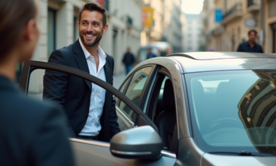 Homme souriant à côté d'une voiture en ville pour l'article