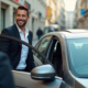 Homme souriant à côté d'une voiture en ville pour l'article