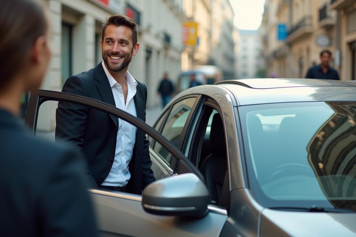 Homme souriant à côté d'une voiture en ville pour l'article