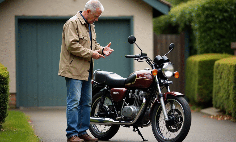 Homme regardant une moto Honda Dax en extérieur