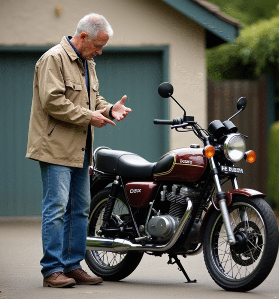 Homme regardant une moto Honda Dax en extérieur
