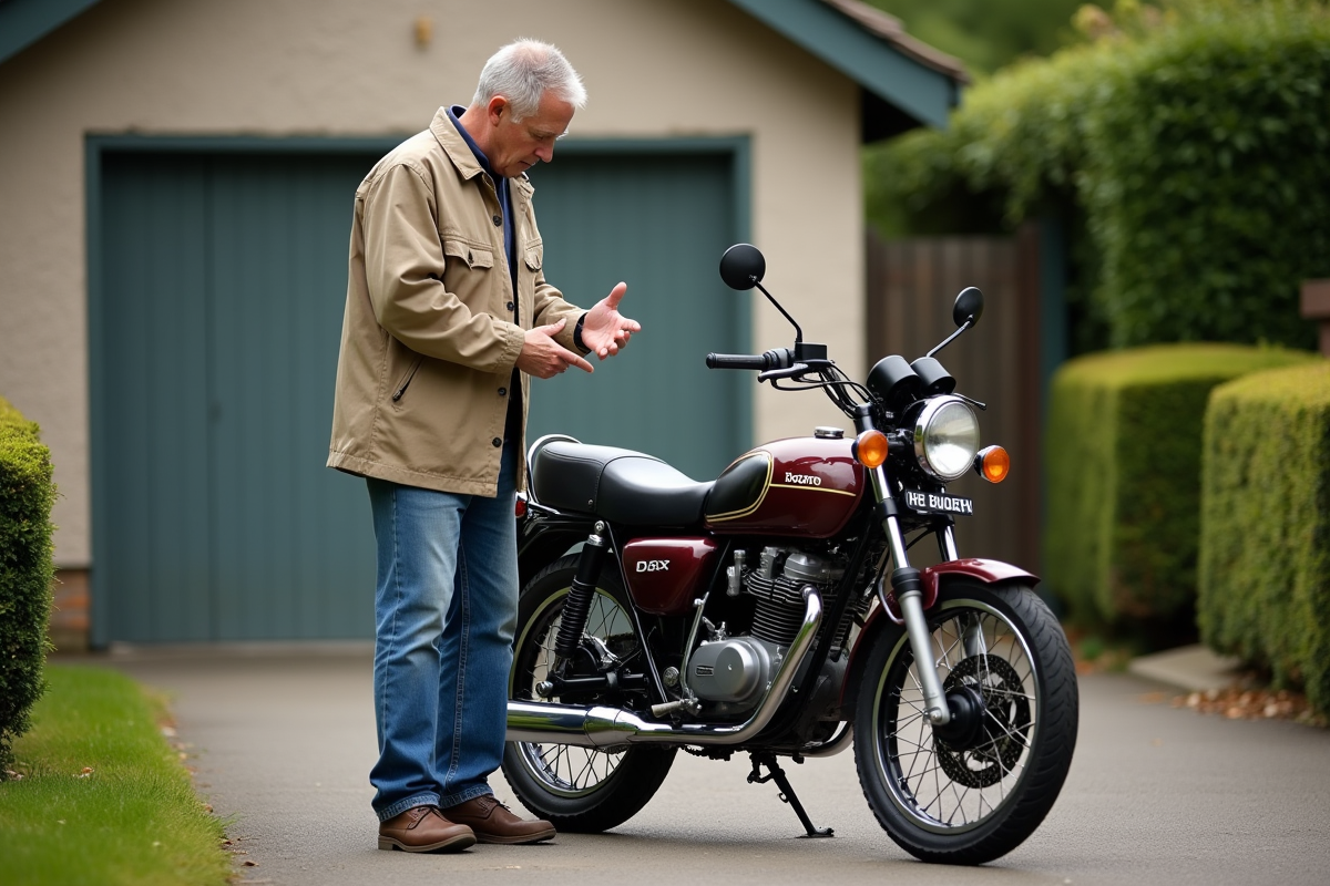 Homme regardant une moto Honda Dax en extérieur