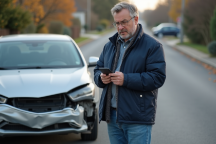 Homme d'âge moyen avec voiture endommagée sur le bord de route