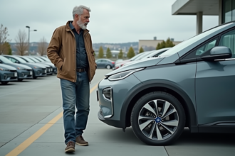 Homme examine une voiture électrique d'occasion en concession