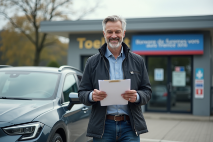 Homme souriant à côté d'une voiture aux frontières françaises