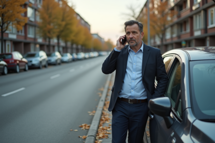 Homme d'âge moyen téléphone à côté de sa voiture abîmée