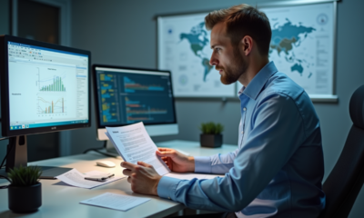 Ingénieur homme au bureau examine documents techniques