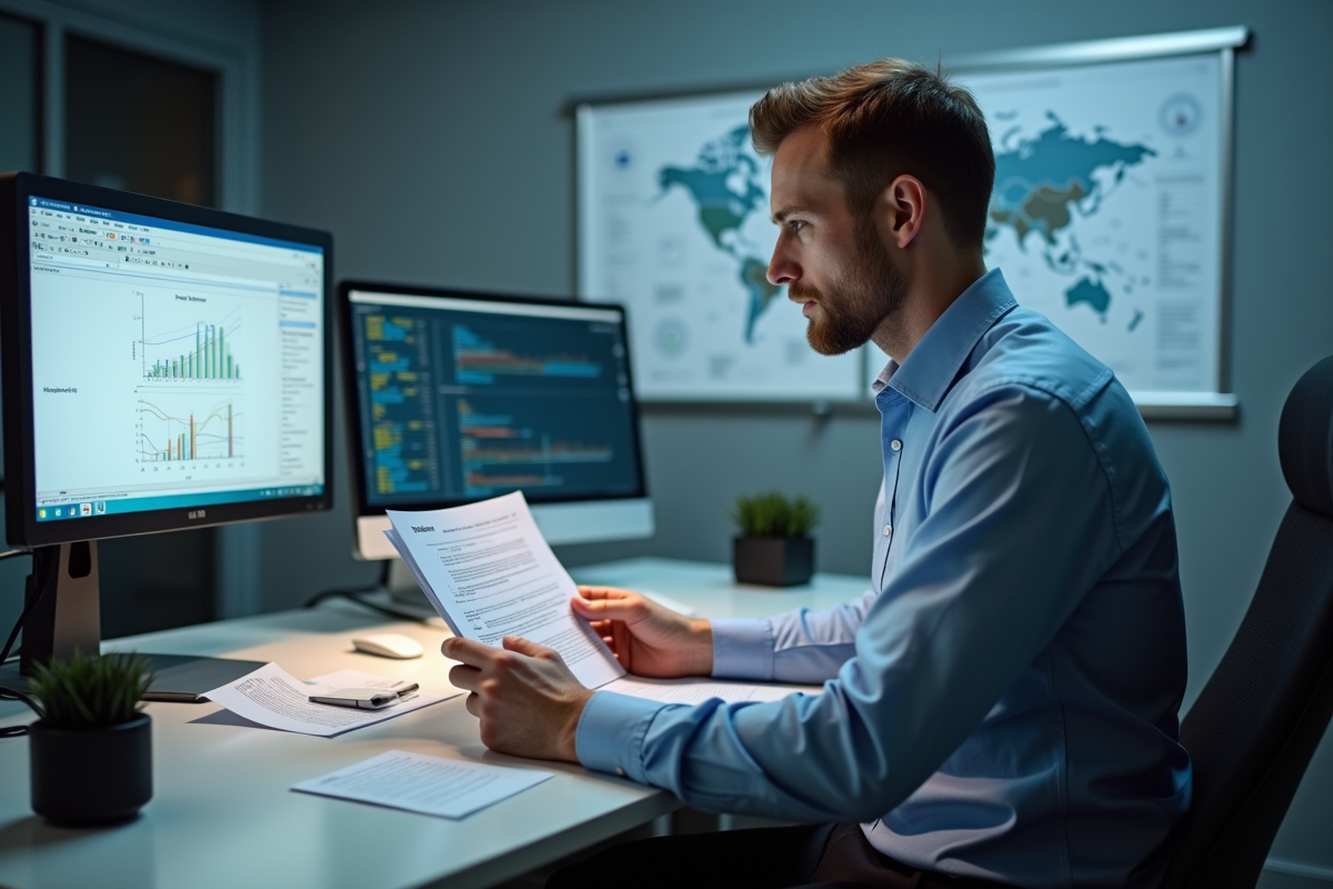 Ingénieur homme au bureau examine documents techniques