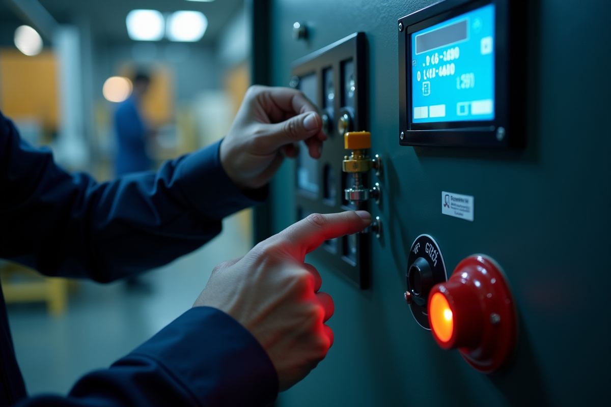 Technicien inspectant un panneau de contrôle avec capteur de pression