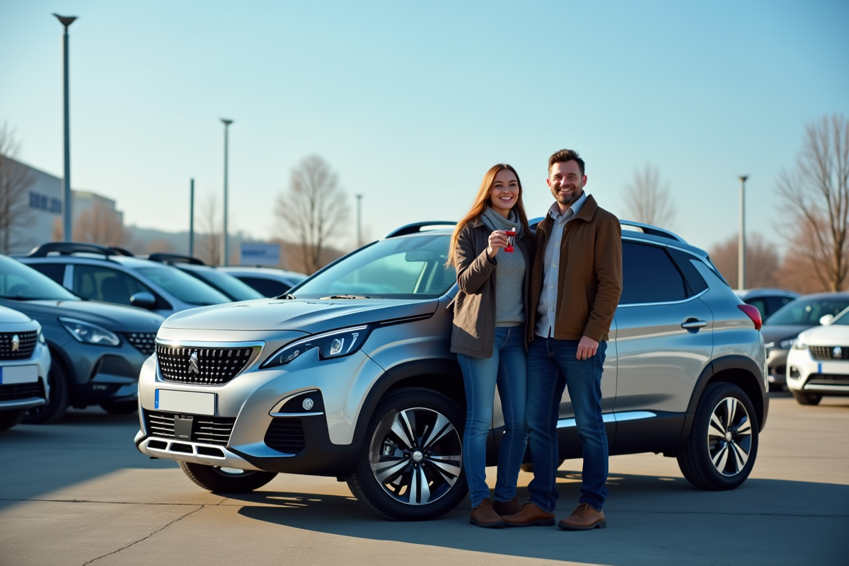 Jeune couple souriant avec une Peugeot 2008 d