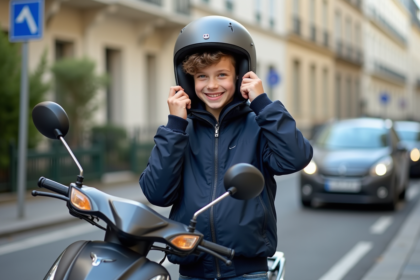 Adolescent souriant avec casque et scooter dans une rue parisienne
