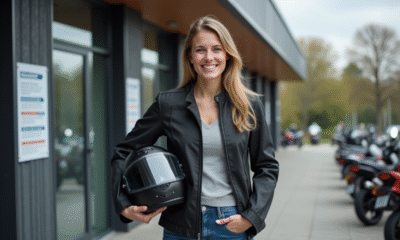 Jeune femme souriante avec casque moto devant école moderne