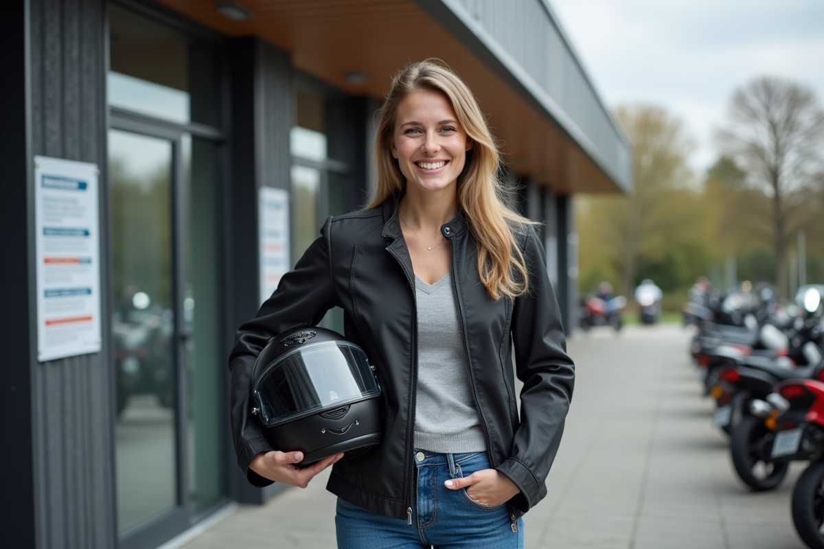 Jeune femme souriante avec casque moto devant école moderne