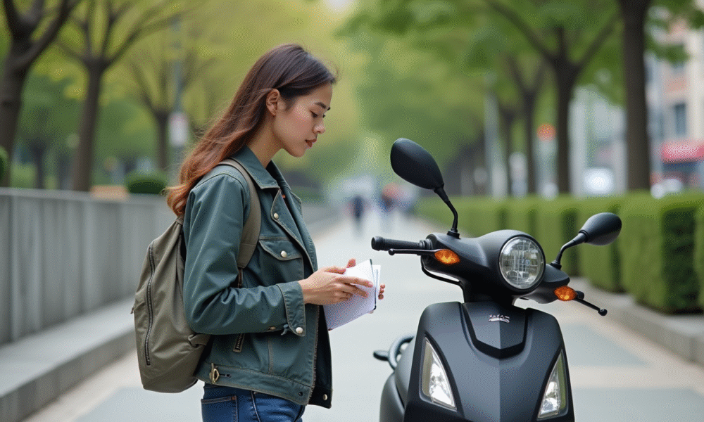 Jeune femme vérifiant une moto écologique en ville