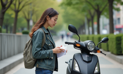 Jeune femme vérifiant une moto écologique en ville