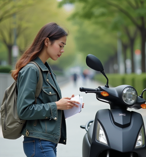 Jeune femme vérifiant une moto écologique en ville