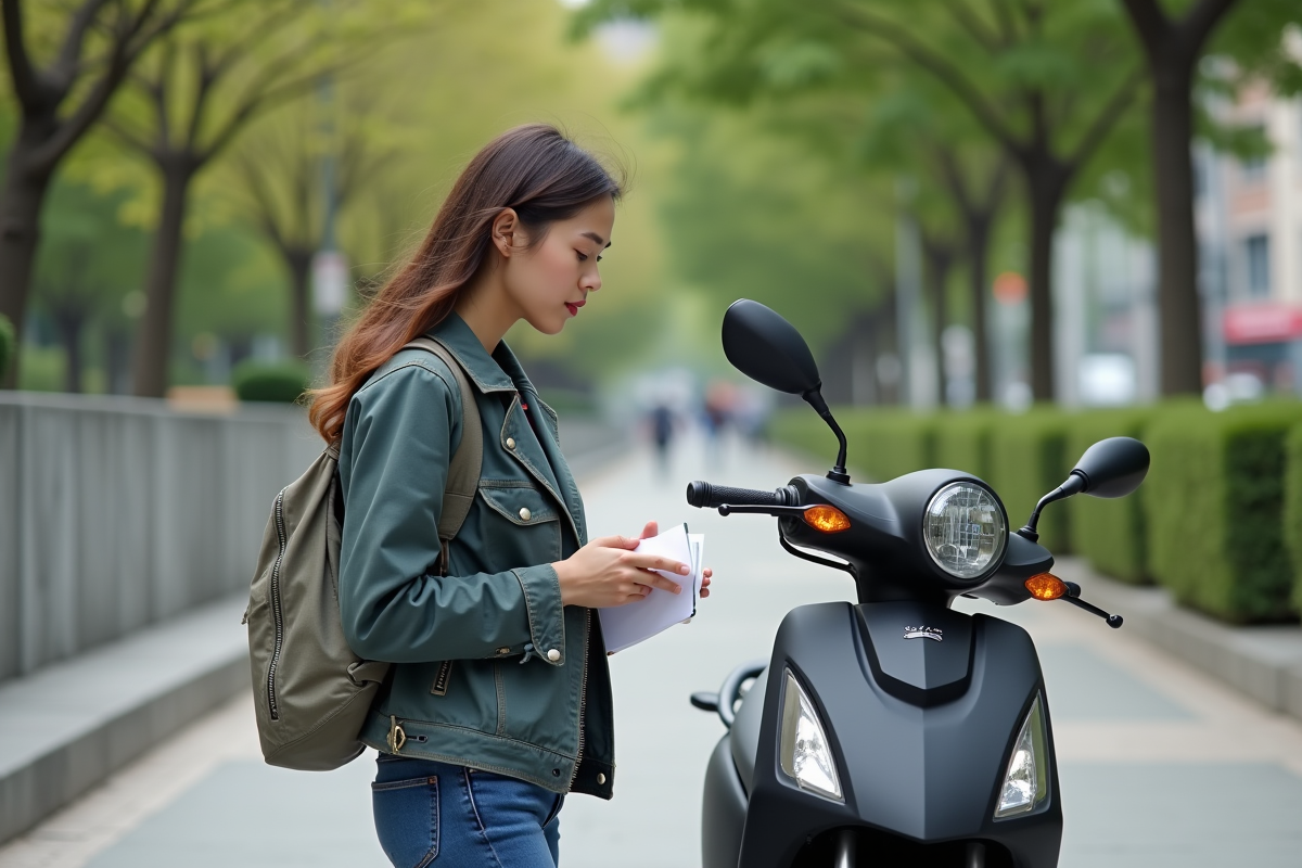 Jeune femme vérifiant une moto écologique en ville