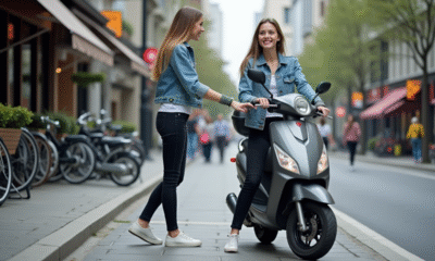 Jeune femme souriante avec scooter en ville dynamique