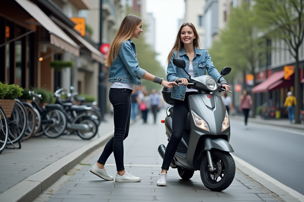 Jeune femme souriante avec scooter en ville dynamique