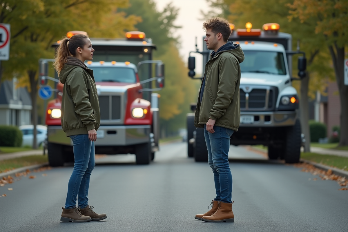 Jeune femme préoccupée parlant à un opérateur de remorqueur