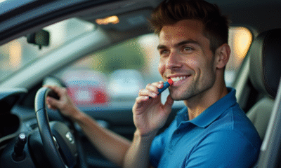 Jeune homme avec breathalyzer dans voiture moderne