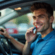 Jeune homme avec breathalyzer dans voiture moderne