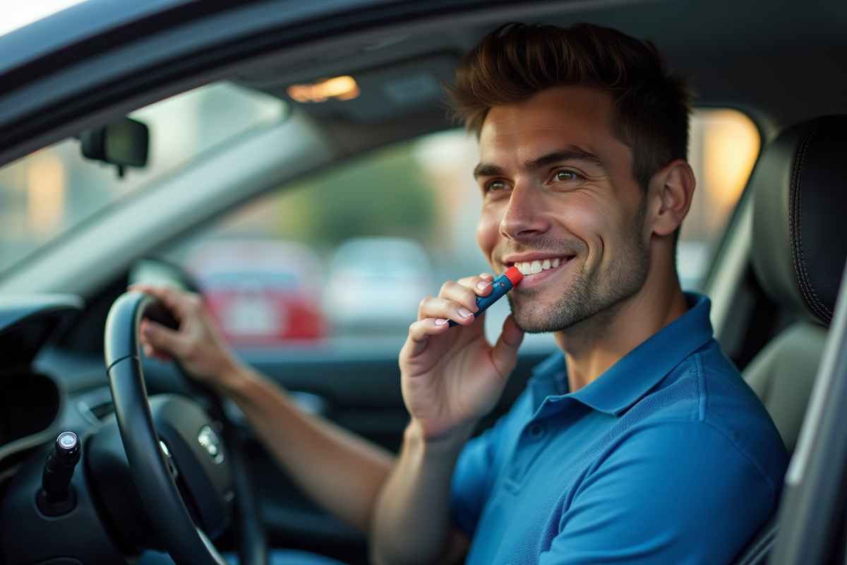 Jeune homme avec breathalyzer dans voiture moderne