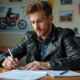 Jeune homme en moto assis à un bureau en train de remplir un papier