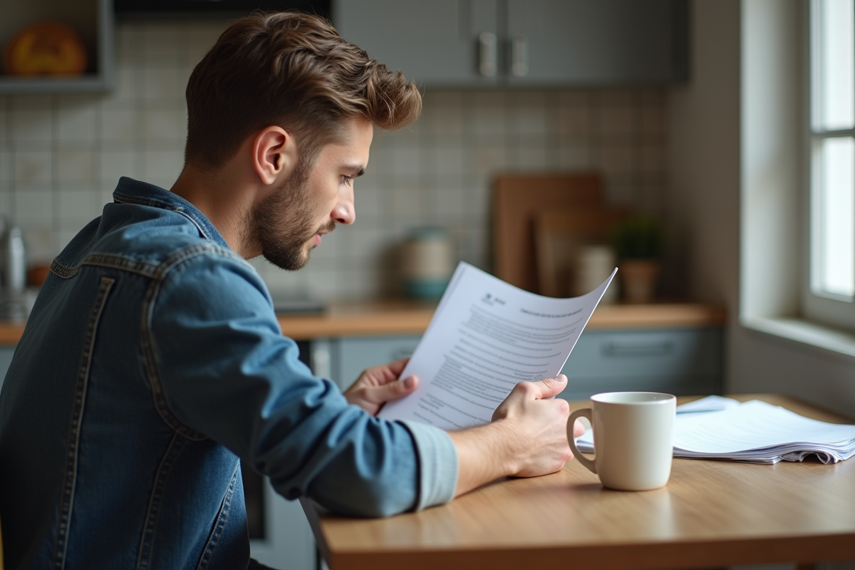 Jeune homme examine un document de contravention dans sa cuisine