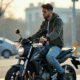 Jeune homme sur moto en station essence urbaine